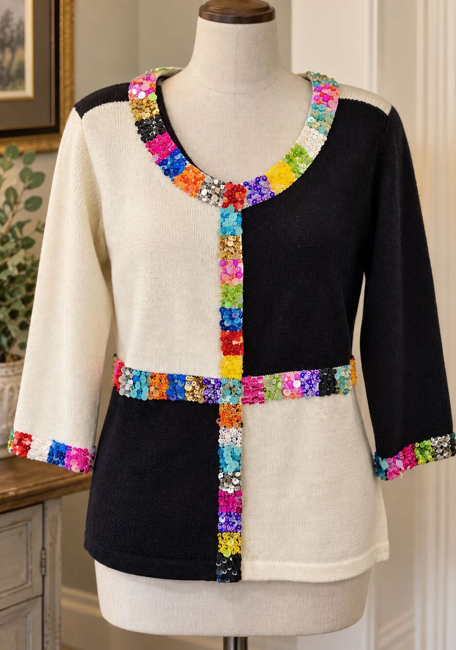 Vintage Design Options Philip Jane Gordon Sweater M Sequin Colorblock Cardigan
